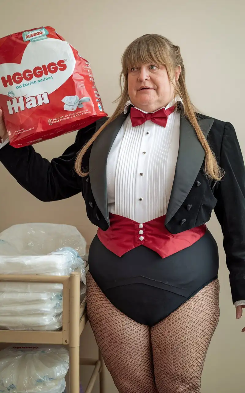 Smiling-MiddleAged-Caucasian-Woman-in-Formal-Tuxedo-Holding-Huggies-in-Nursery