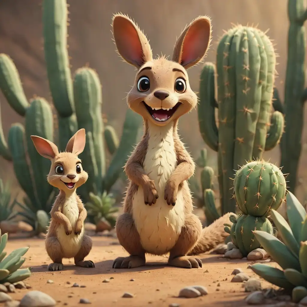 Cartoon Cactus and Kangaroo Smiling Happy Cute Characters