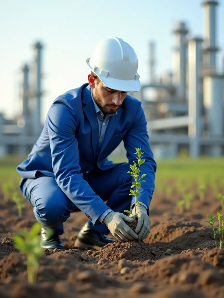 Young Iranian male petrochemical employee wearing blue suit and white hat planting tree seedlings in petrochemical plant and petrochemical background