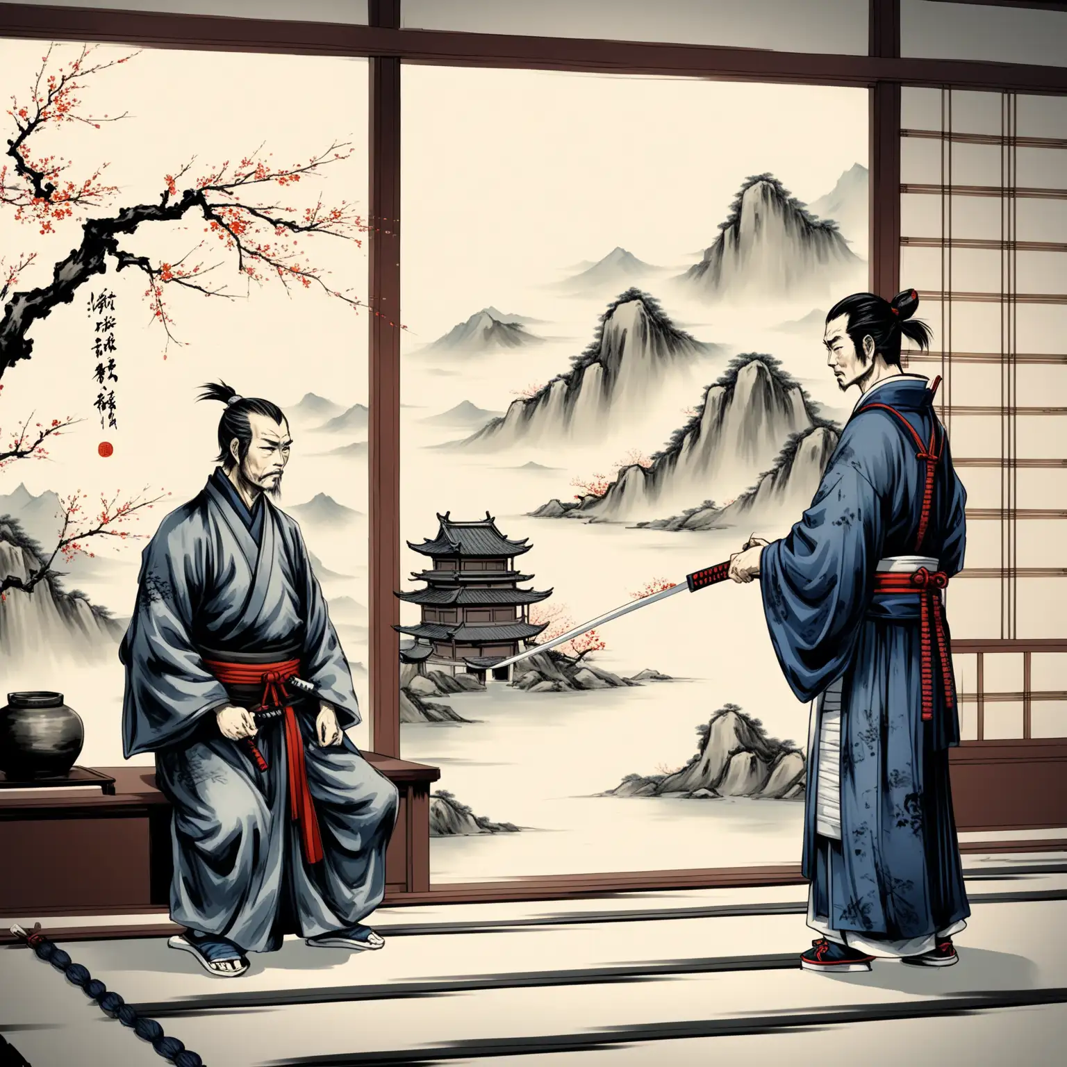 Young-Samurai-Visiting-Old-Zen-Teacher-in-Chinese-Painting-Style