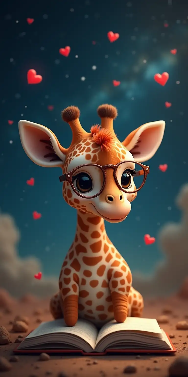 Adorable Baby Giraffe in Glasses Surrounded by Hearts in Space Reading a Book