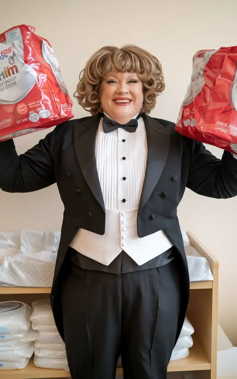 sweet very beautiful smiling middle aged huge fat obese with large wide huge hips Caucasian woman, with short curly light brown hair with curly bangs, standing facing forward wearing a very formal concert tuxedo with black long sleeve cropped Eton jacket, white wing tip tuxedo shirt with pleated front, scarlet red adjustable neckband diamond point bow tie, scarlet red cummerbund, black tight high cut cotton leotard bottom with elastic waistband, nylons, holding large scarlet red and white plastic package of Huggies for Him Adult Size while standing next to a changing table with a stack of plastic disposable diapers in a nursery, full body front view.