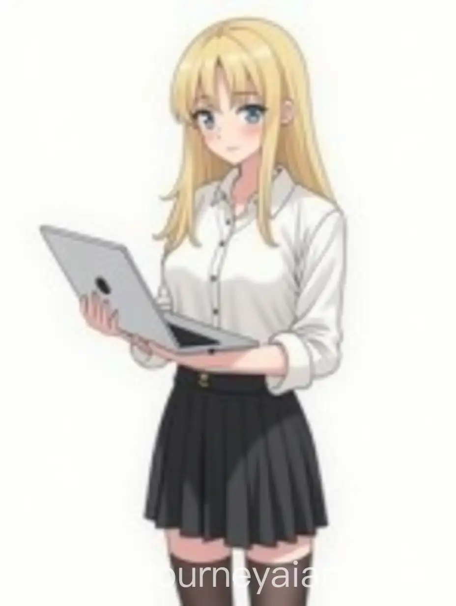 Blonde-Girl-in-White-Blouse-and-Black-Skirt-Holding-Laptop