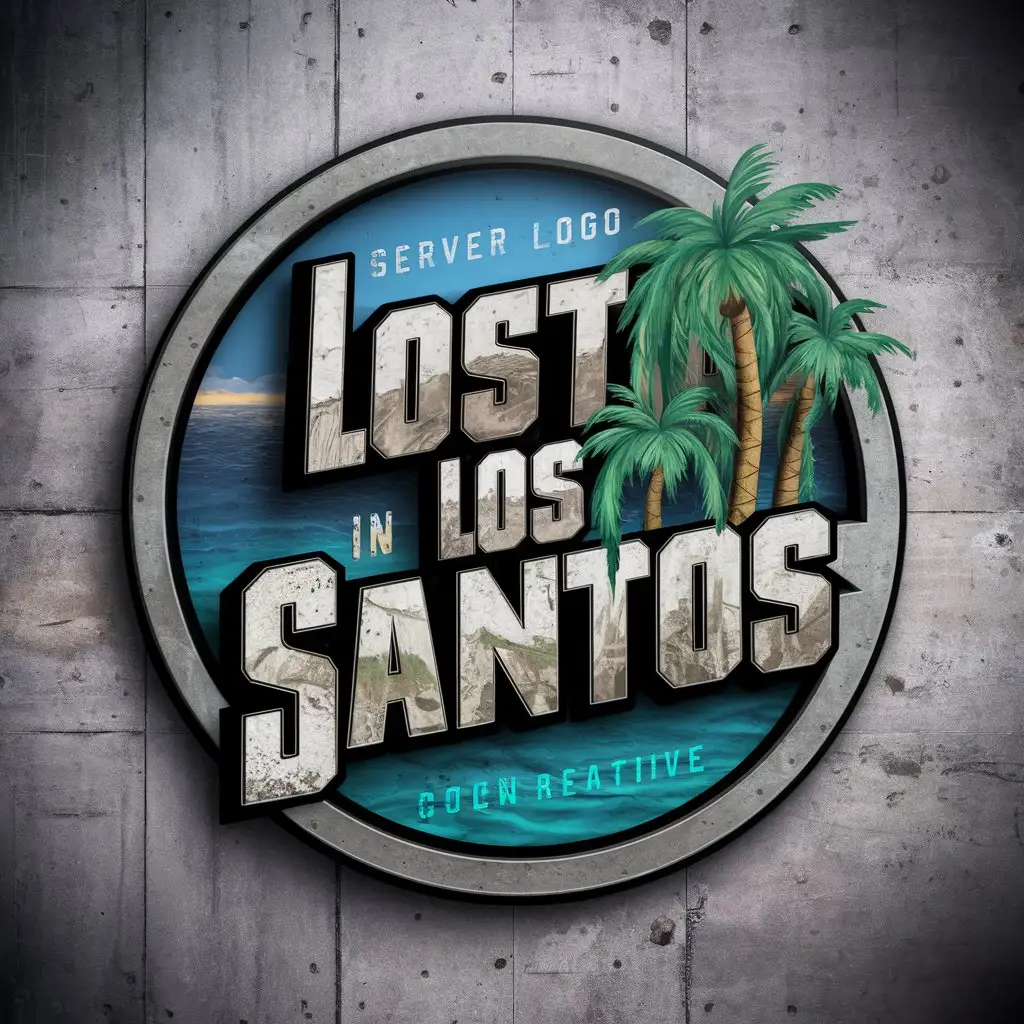 LOGO Design For Lost In Los Santos Realistic 3D Circle with GTA Graffiti Font and Cityscape Details