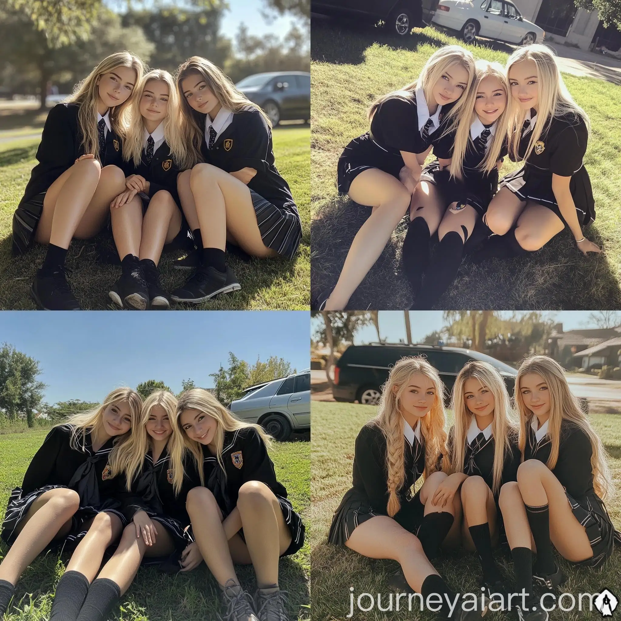 Three-Women-in-School-Girl-Uniforms-Posing-by-a-Car-on-Sunny-Day