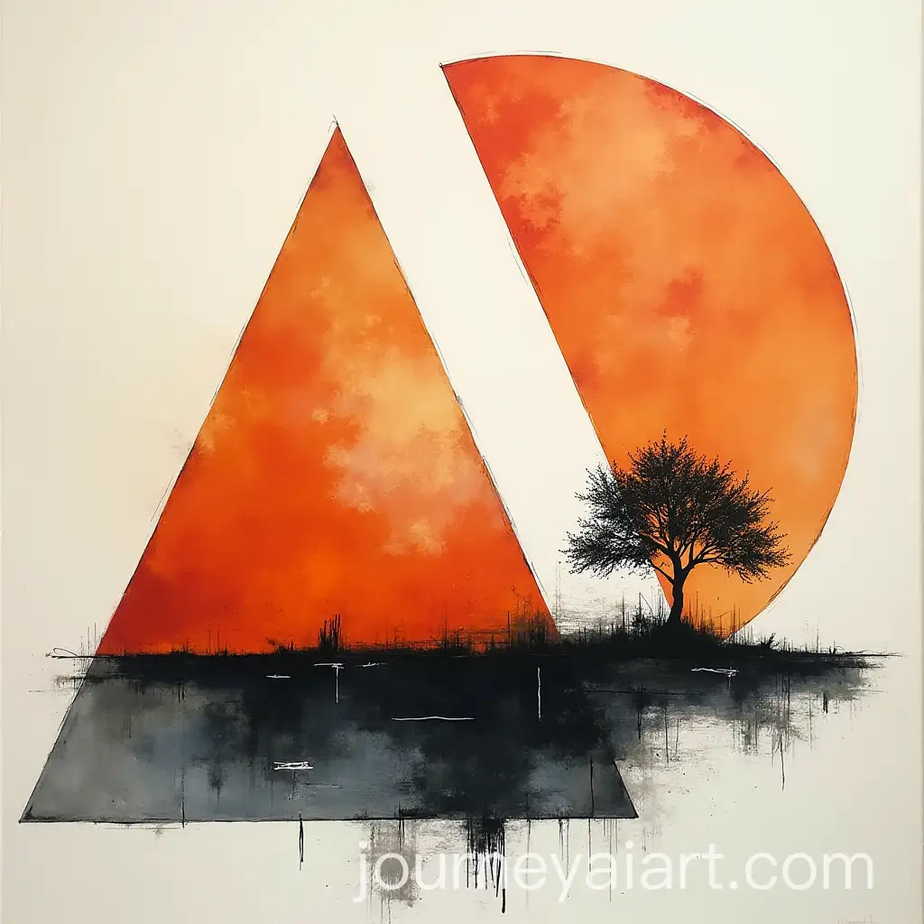Abstract-Painting-of-Tree-with-Triangles-and-Circles-in-Orange-White-Black-and-Gray