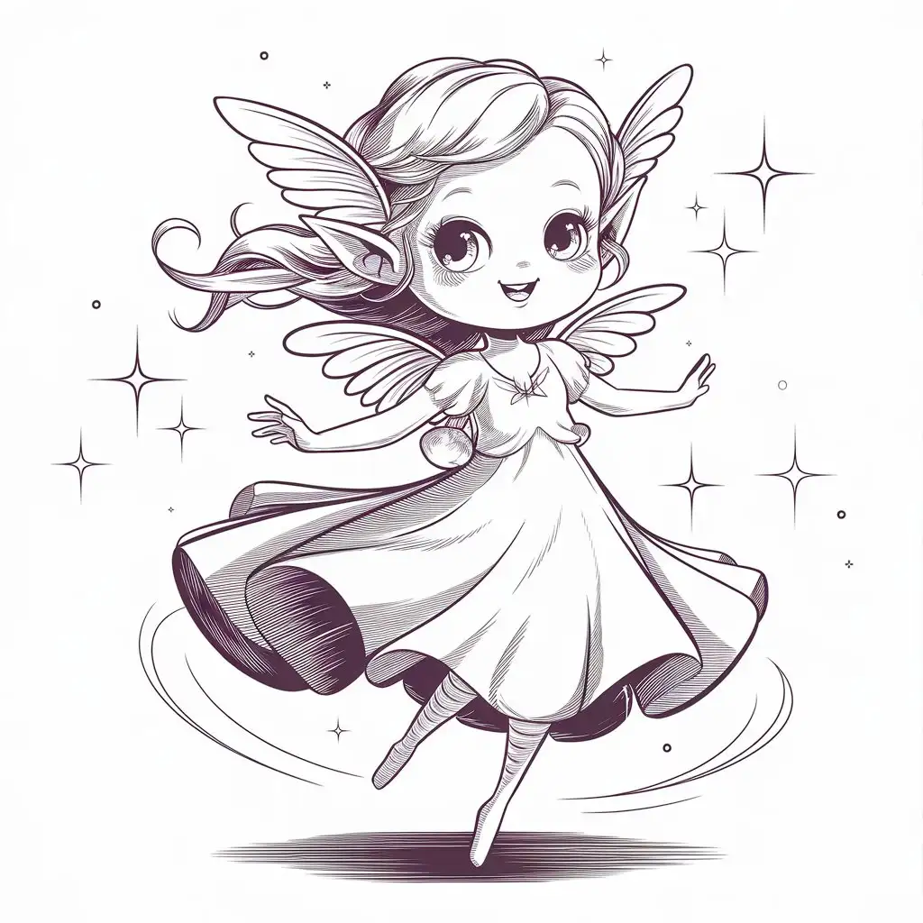 Joyful Kawaii Elf Dancing in Dreamy Black and White Illustration