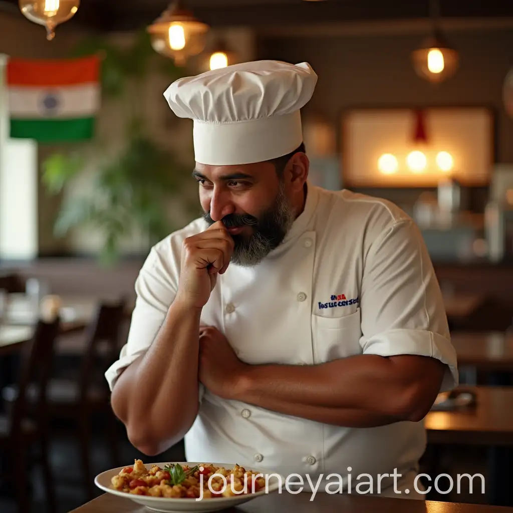 Indian-Chef-Eating-and-Performing-Unique-Gesture-in-Restaurant-with-Indian-Flag