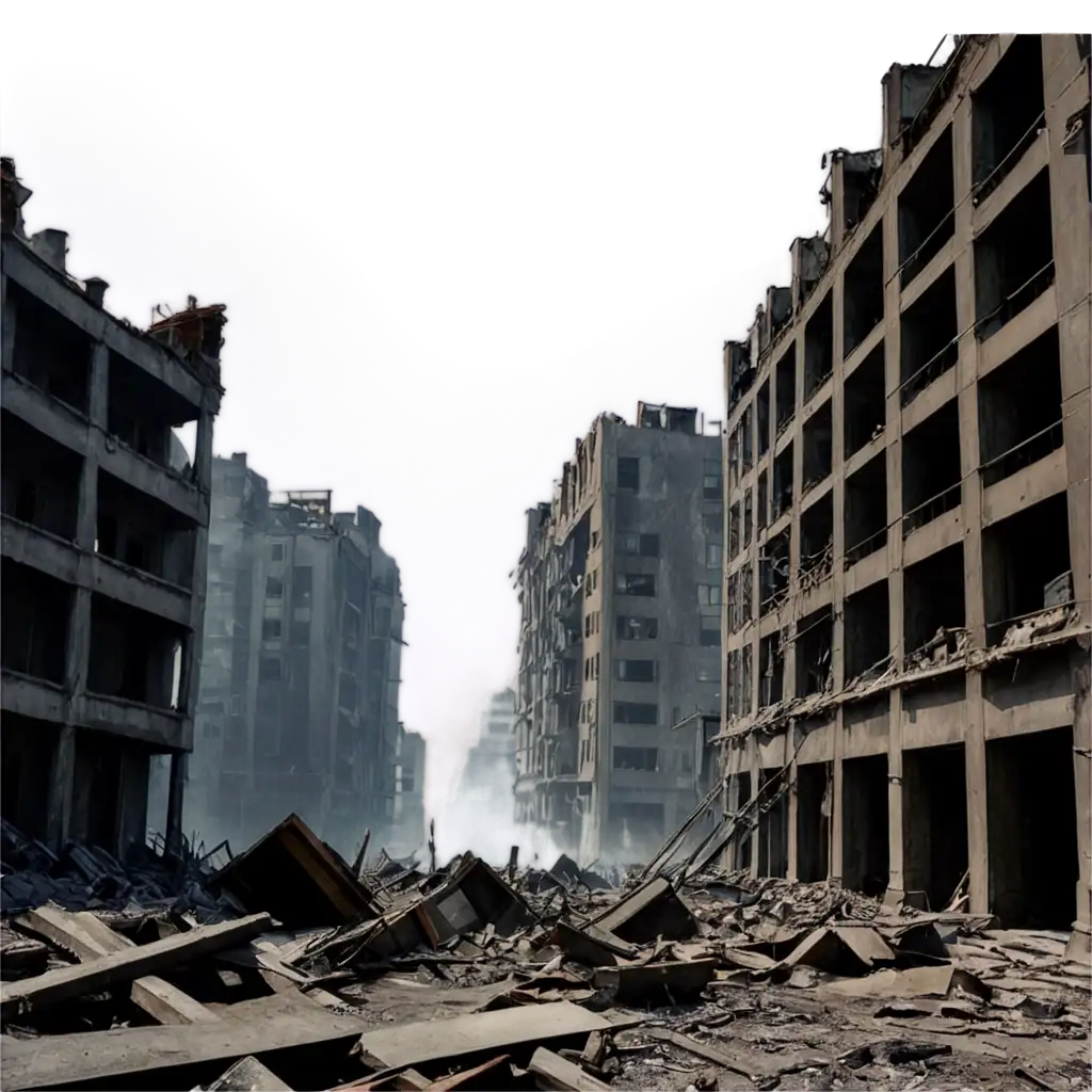Dystopian-Ruins-PNG-Cinematic-WideAngle-View-of-Destroyed-Buildings-with-Smoke-and-Dust-Rising