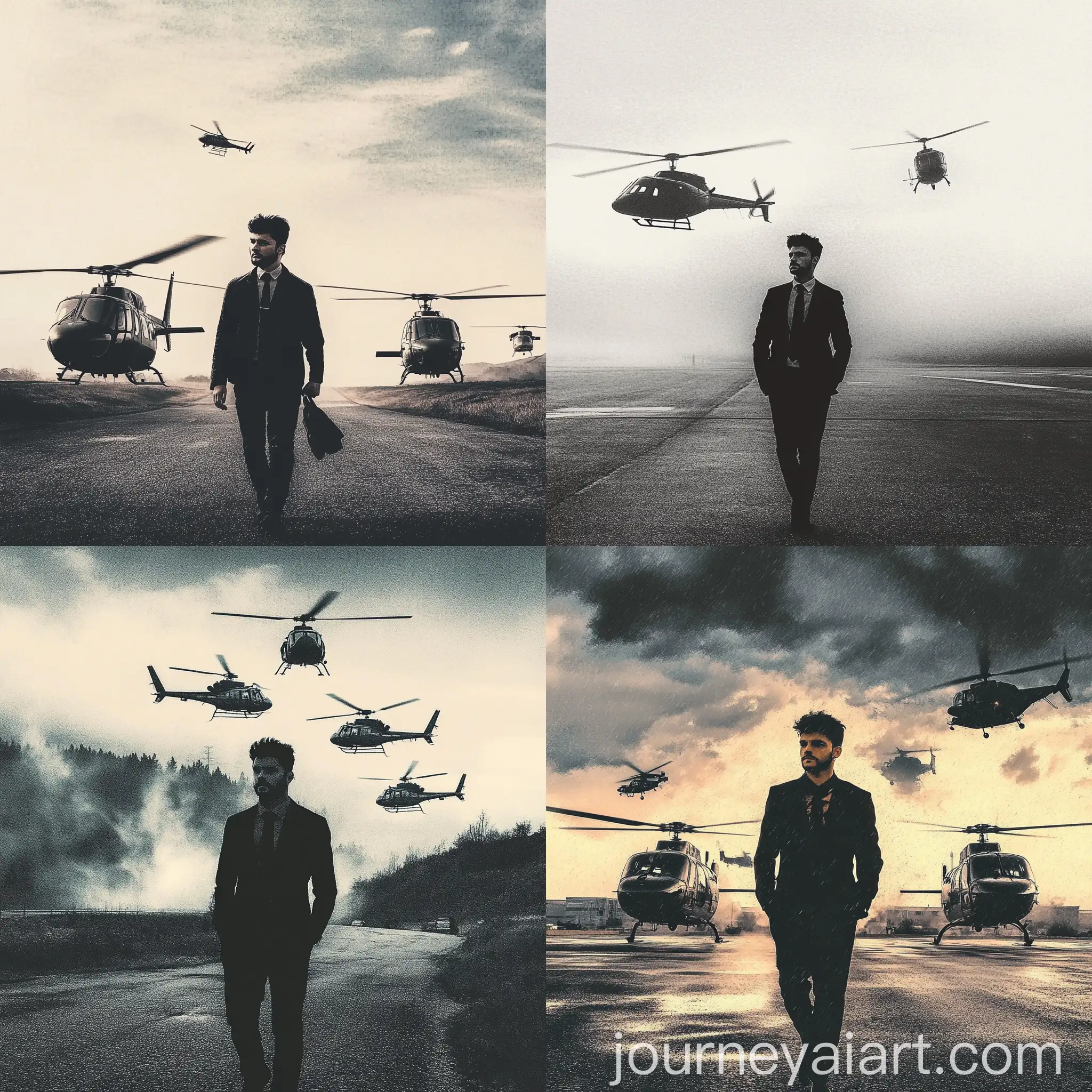 Person-Walking-with-Helicopters-Flying-Behind-in-Dramatic-Sky