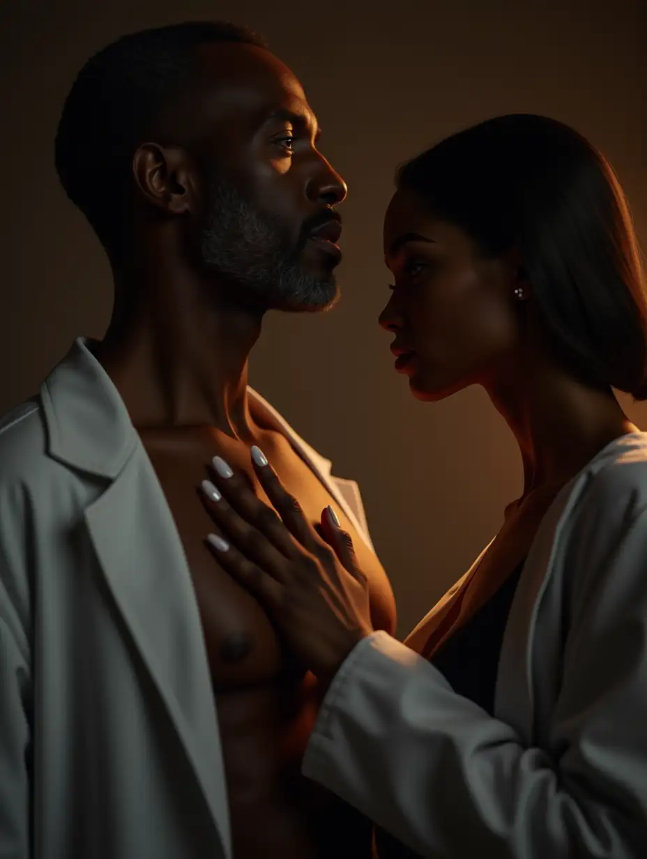 AI-Image-Expansion-SEORomantic-Cinematic-Moment-Between-African-American-Couple-in-Lab-Coat-and-Unbuttoned-Shirt