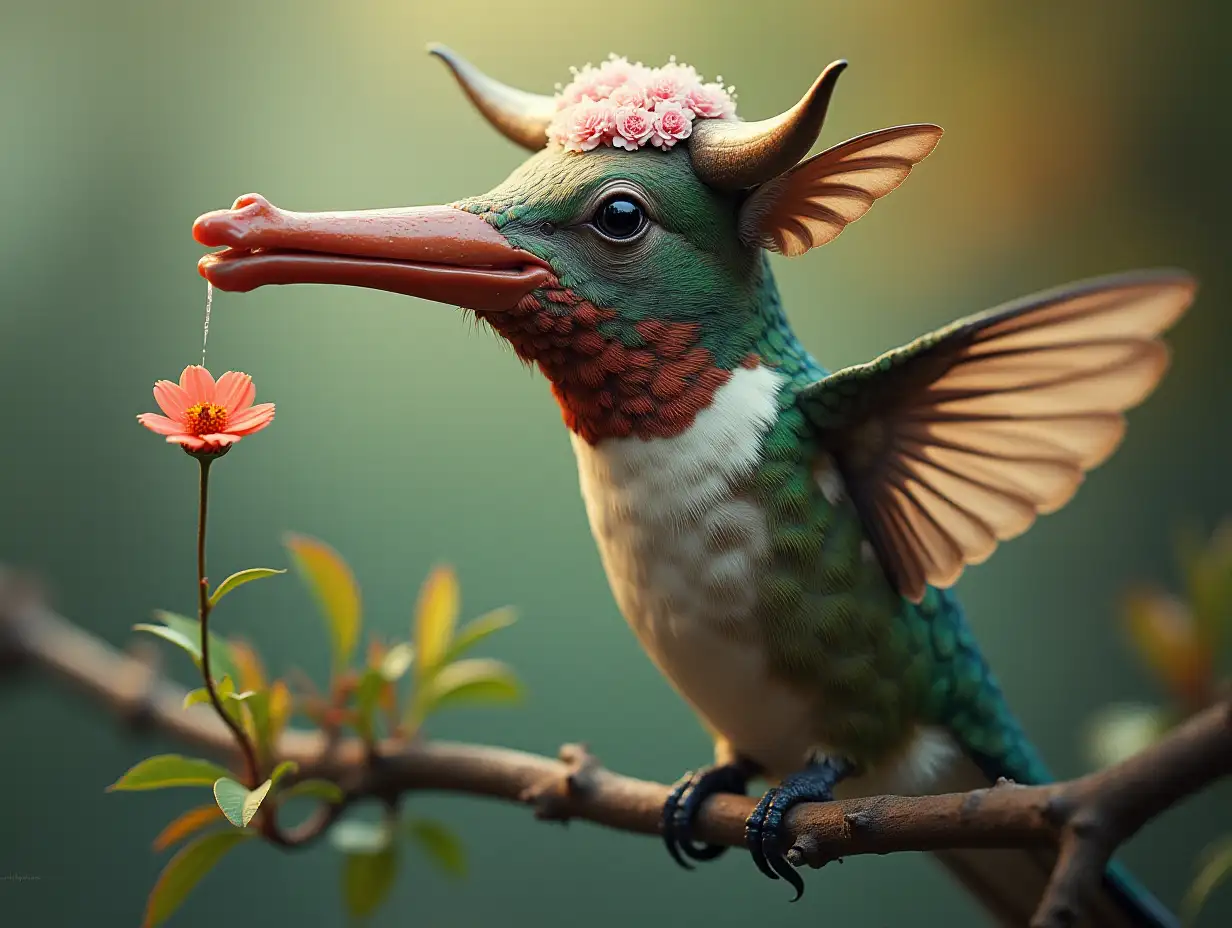 Create a surreal world hummingbird with cow head