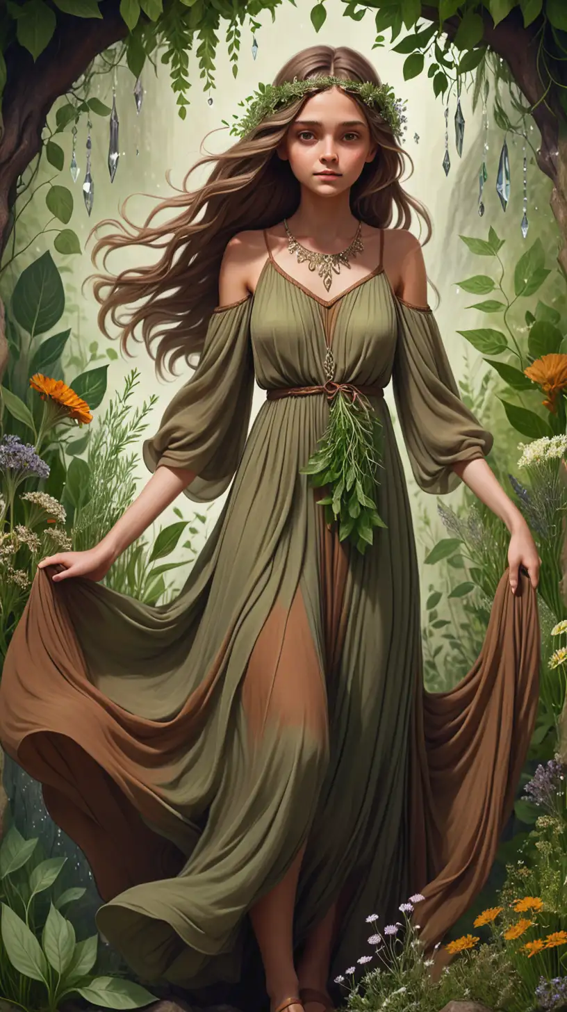 Wisdom and Nature Wise Girl in EarthyToned Dress with Greenery Herbs Flowers and Crystals