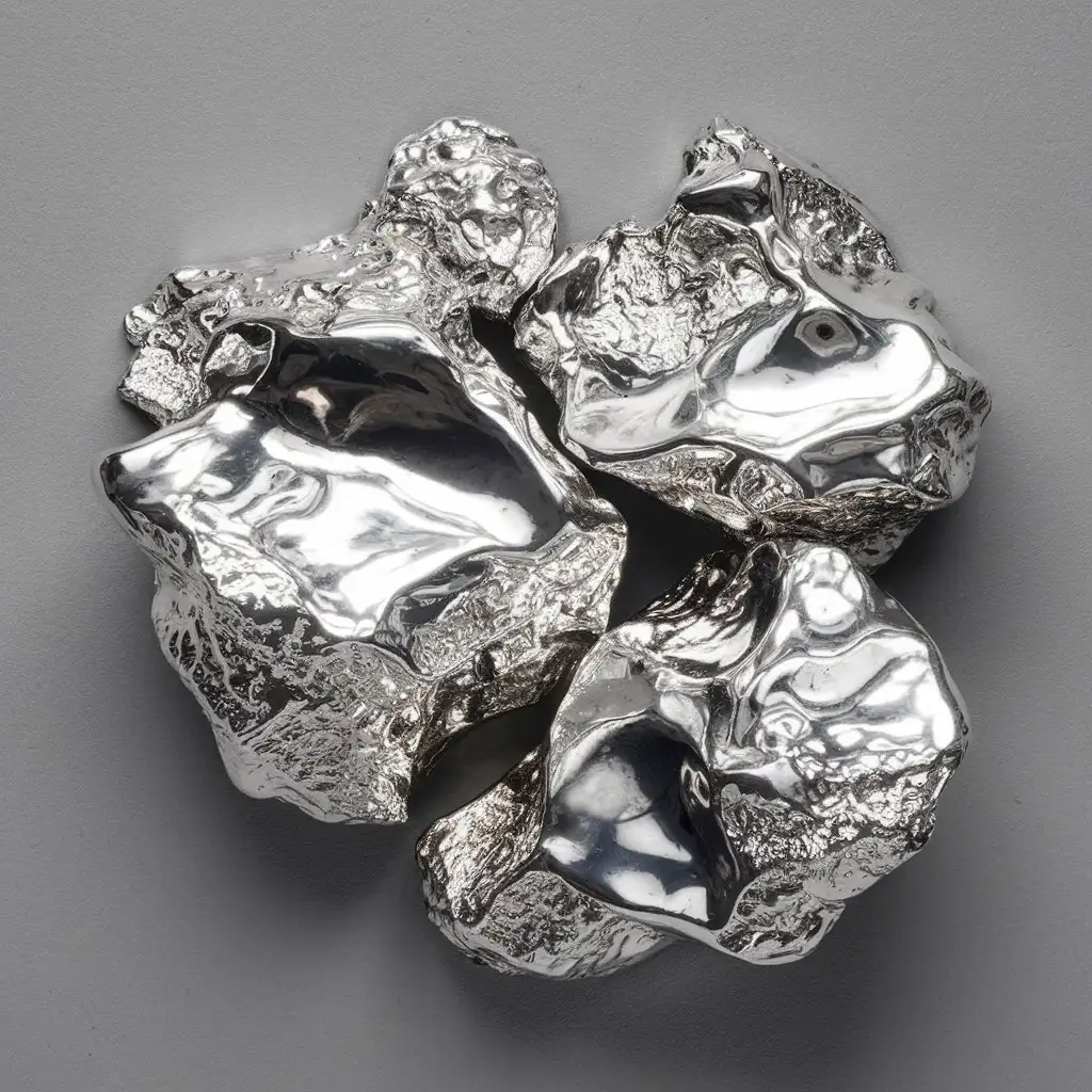 Create an image with a gray background showcasing silver as if it were freshly extracted from its natural source, emphasizing its shiny, reflective surface as if it were found in its raw, natural state.