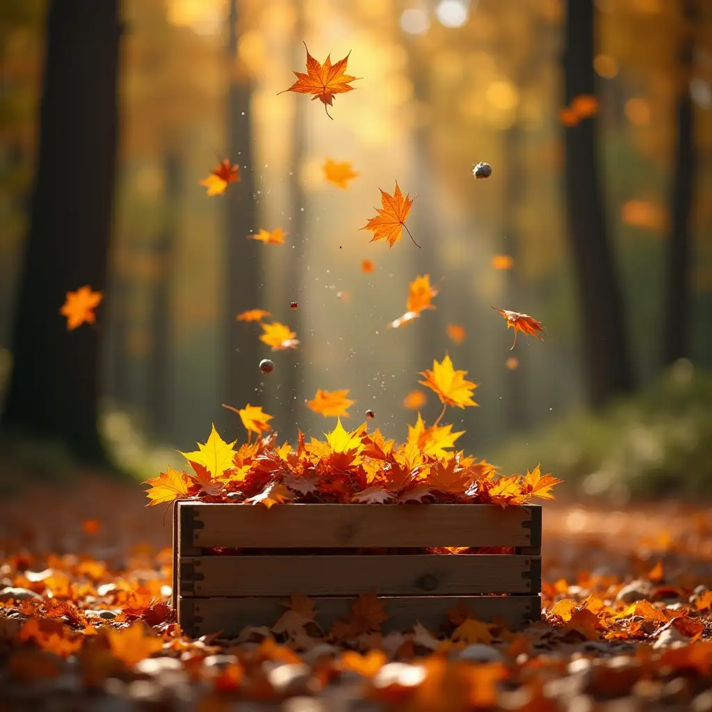 Leaves falling down to a wooden box