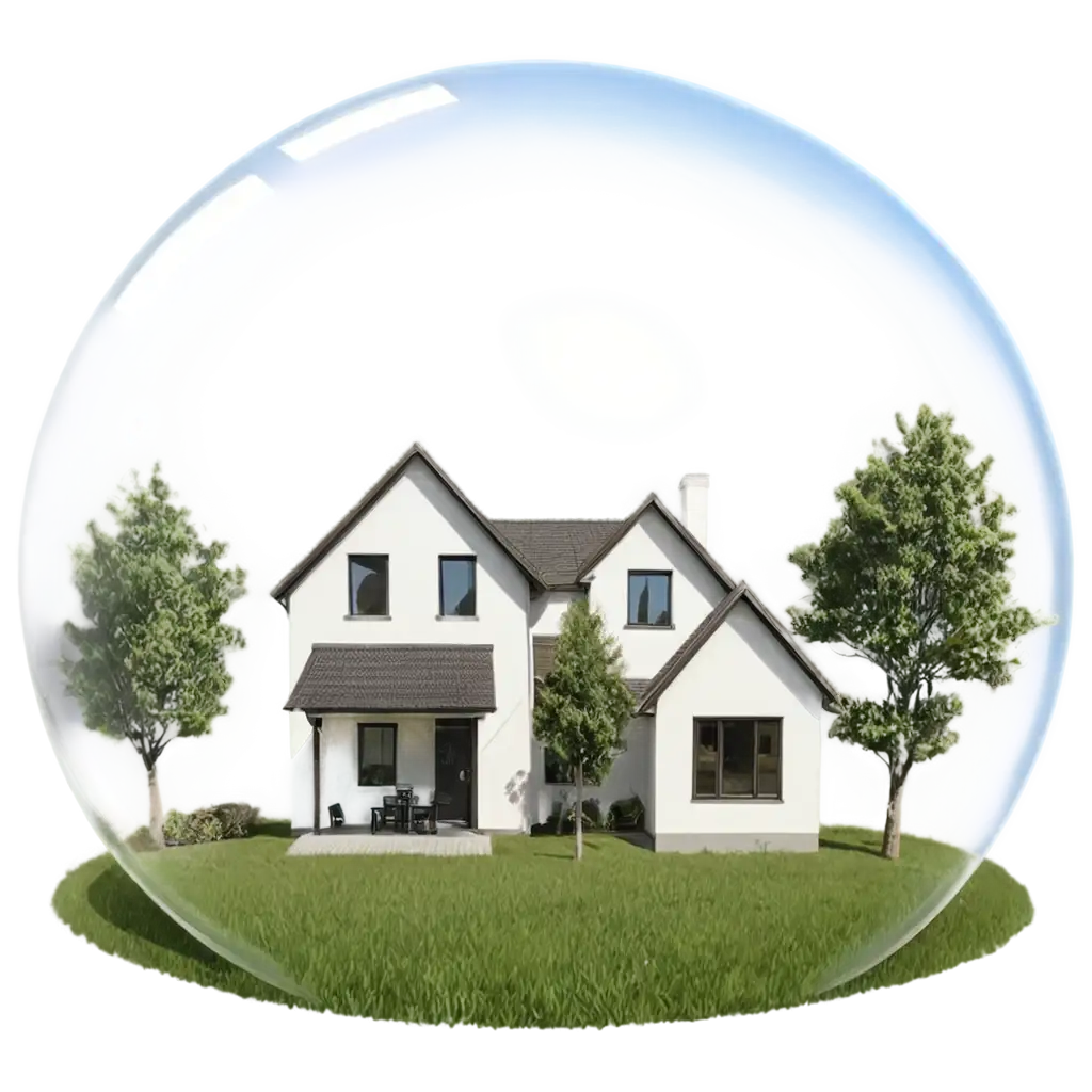 realistic house protected by a bubble, with only 2 trees coming out from the bubble. zoom and more focus on the house