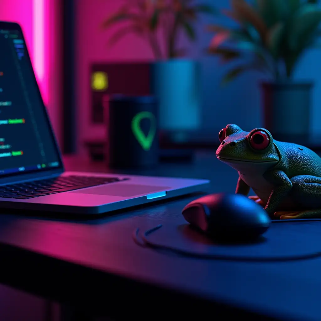 Developer's workspace, first person view, a table with one macbook on it where coding is in progress and next to it is a computer mouse, there is a funny frog from meme on the table. All in neon and dark colors