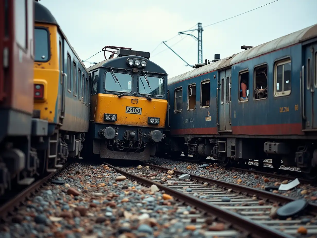 Two trains collided on the railway tracks. An accident on the railway. The situation is chaotic and alarming, with debris scattered everywhere