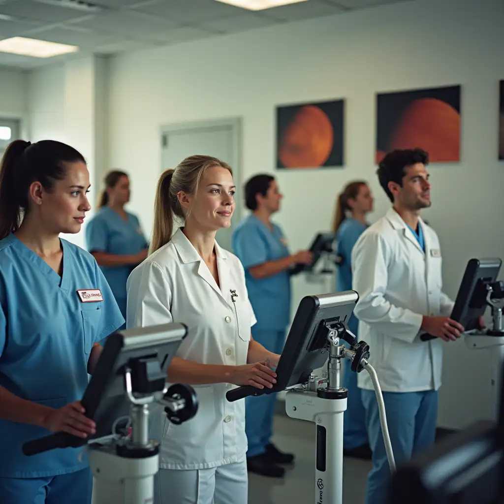 men and women are in a medical center and prepare for a trip to space. they train on machines and look very happy. On the walls of the room are hung posters with pictures of Mars. photorealistic