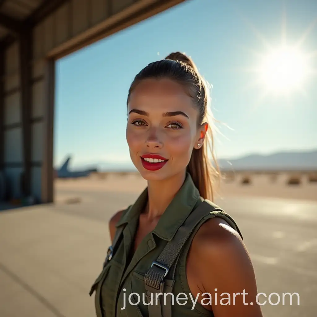 Young-Athletic-Military-Woman-Pilot-in-Front-of-a-Wide-Hangar-Under-a-Sunny-Sky