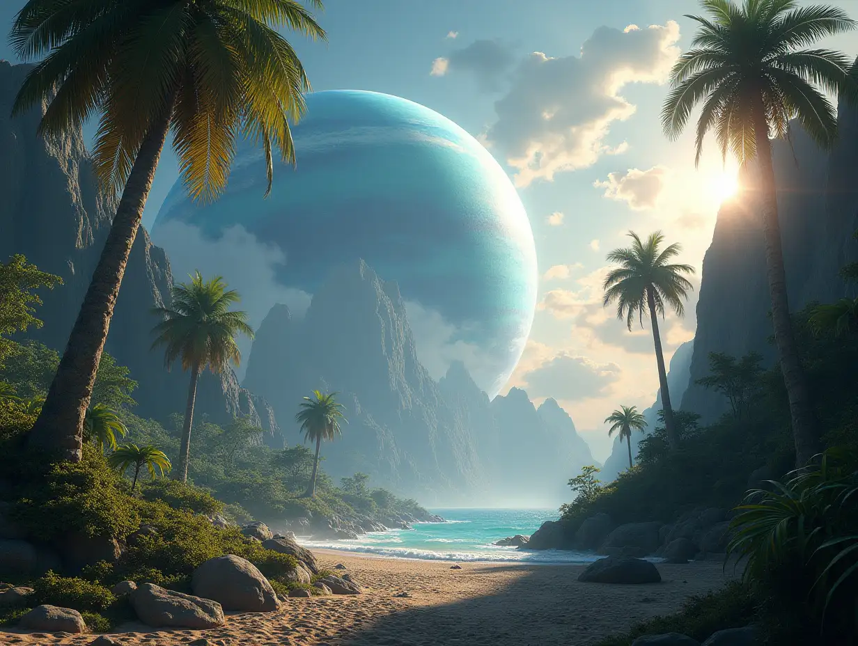 Create for me a photorealistic image of Paradise on another planet