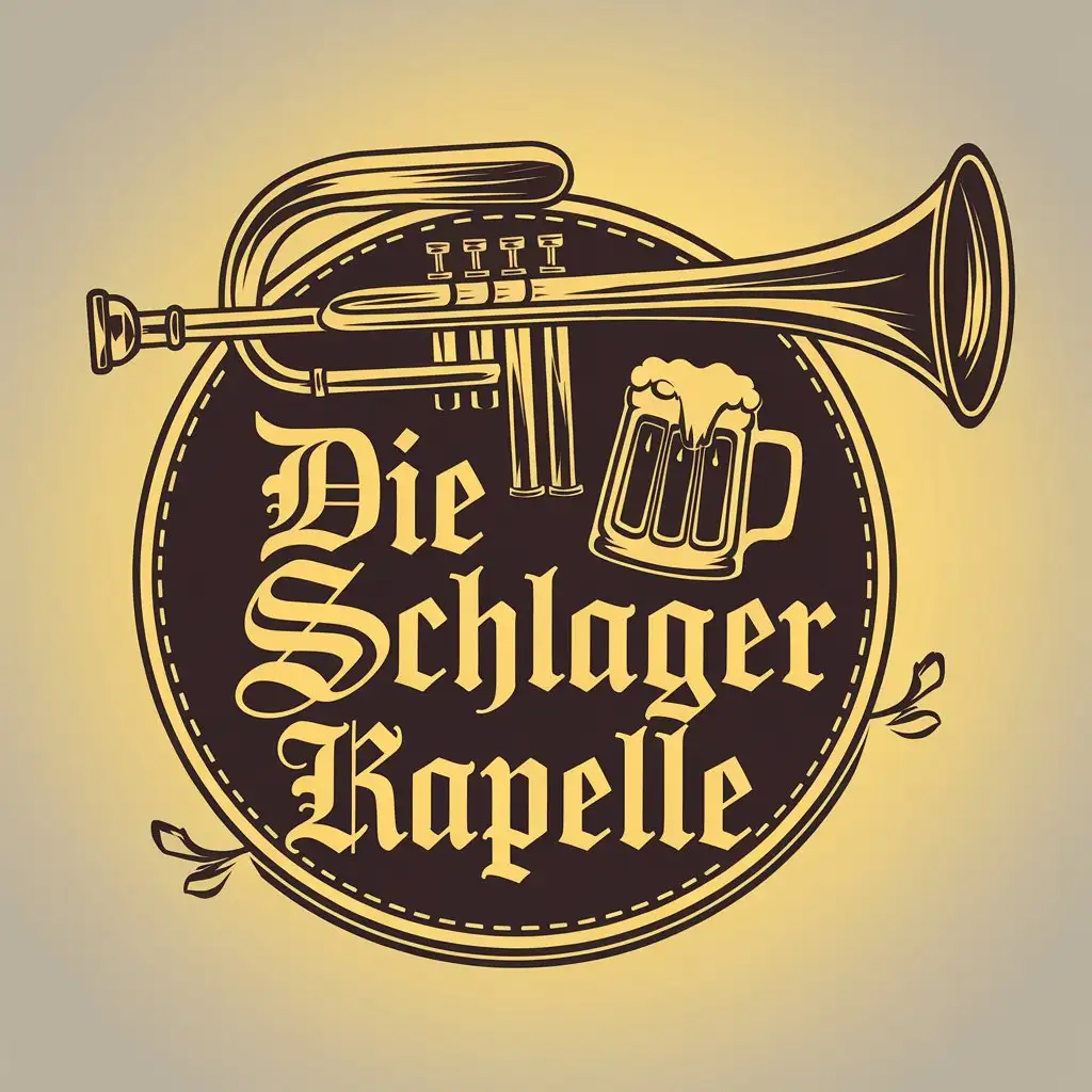 LOGO Design for Die Schlager Kapelle Oktoberfest Mascot with Trumpet Trombone Beer Mug in Yellow Gold