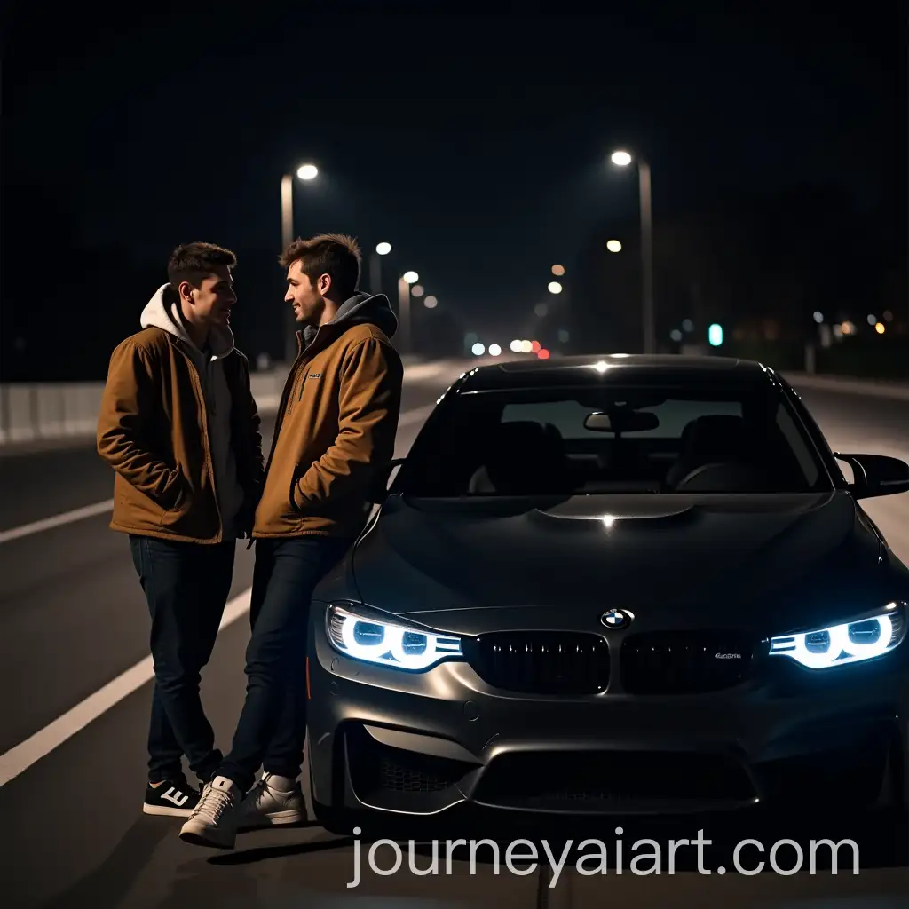 Two-Friends-Admiring-BMW-M4-and-M5-on-a-Quiet-Night-Road