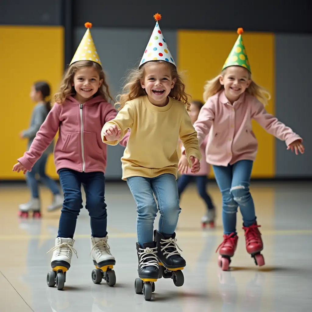 Cheerful children in birthday hats, skating on quad roller skates, indoors, with yellow, gray, and black walls