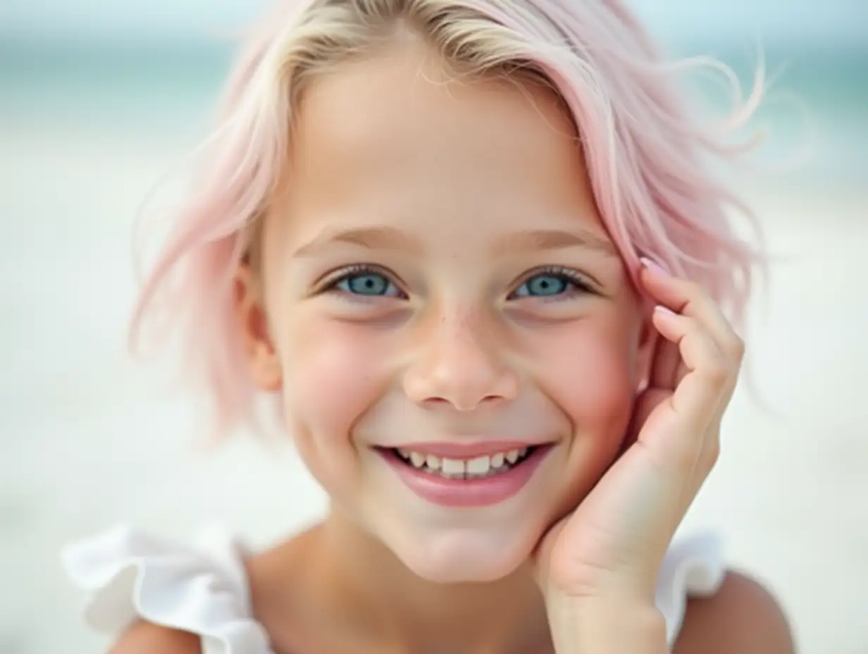 a close-up portrait of a beautiful white 12 years old girl with medium short light pink hair and blue eyes. She cute smiles, her white teeth are visible. She is straightening her hair near her ear. She is sitting on the white sand. She is wearing a white skirt