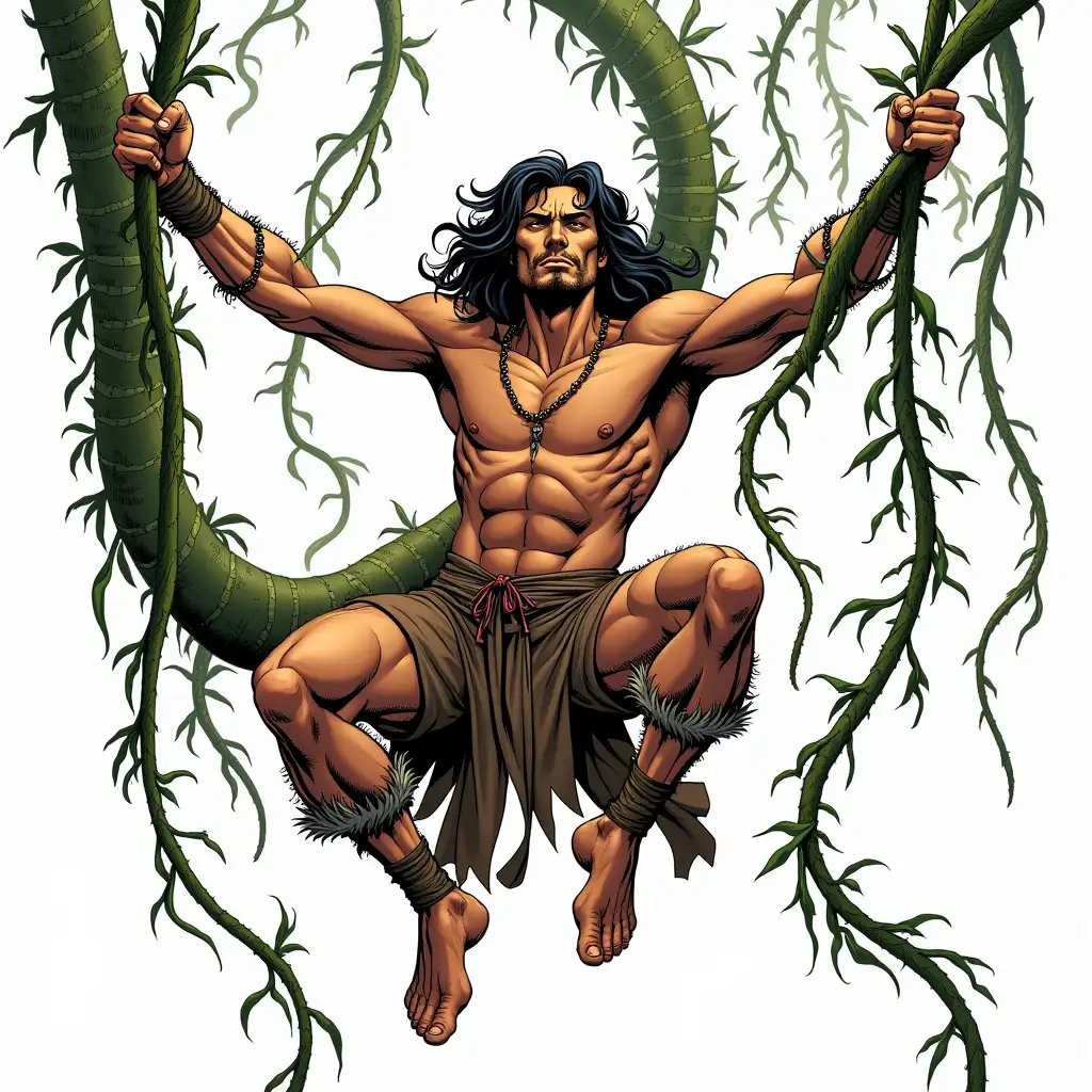 ISOLATED ON WHITE BACKGROUND, TARZAN WEARING PLAIN BROWN LEATHER LOIN CLOTH, IN JUNGLE, SWINGING THROUGH TREES AND LONG VINES, HIGHLY DETAILED, COMIC STYLE, BLACK OUTLINES, CHARACTER SHEETS, ALL VIEWS