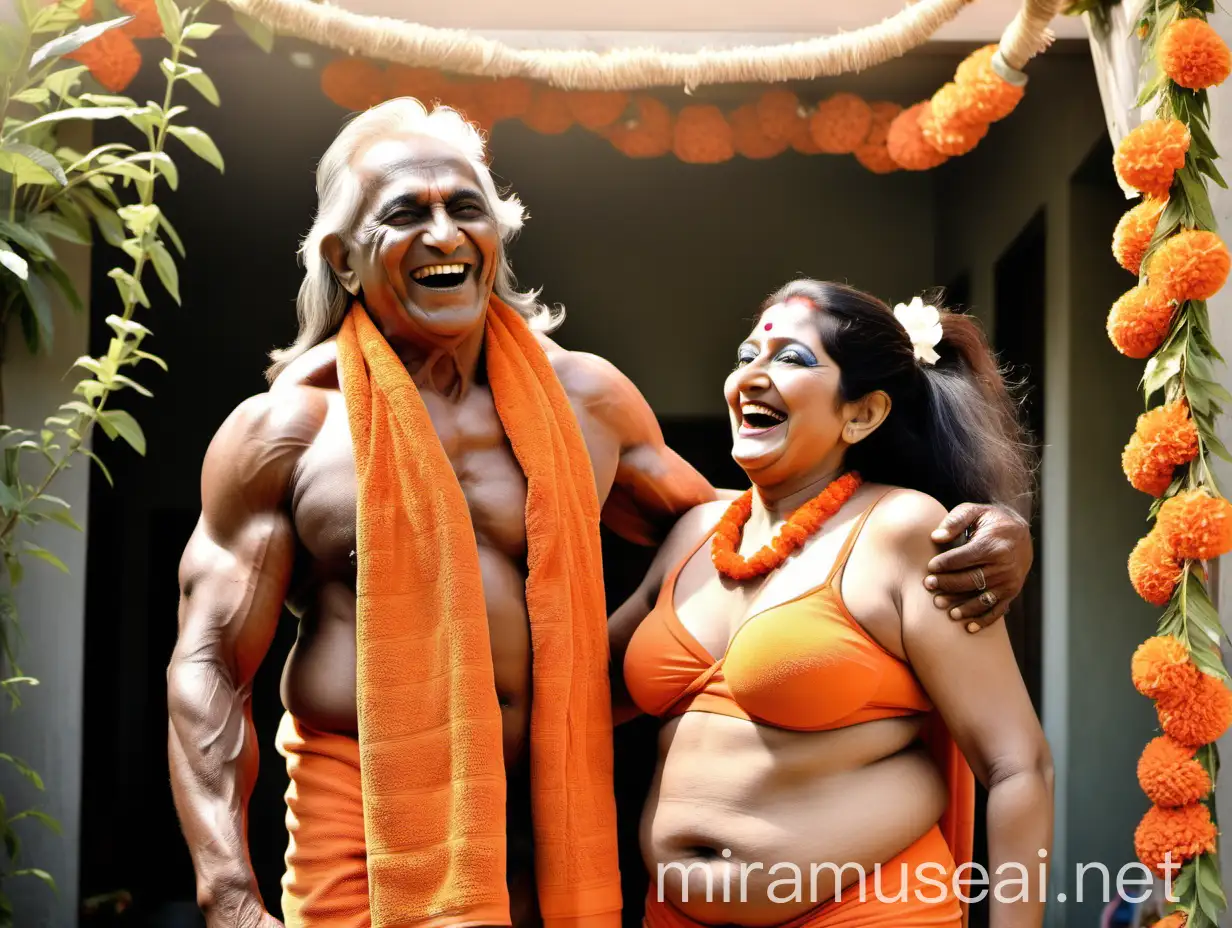 Elderly Indian Woman Laughing with Bodybuilder and Goat in Sunny Day Scene