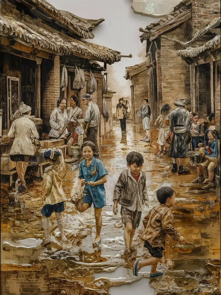 art Spectacular art made from a Chinese village, kids playing, adult talk each other. forty years ago, north China , resin, wet, poured, shiny, oil paint, Martin Johnson Heade