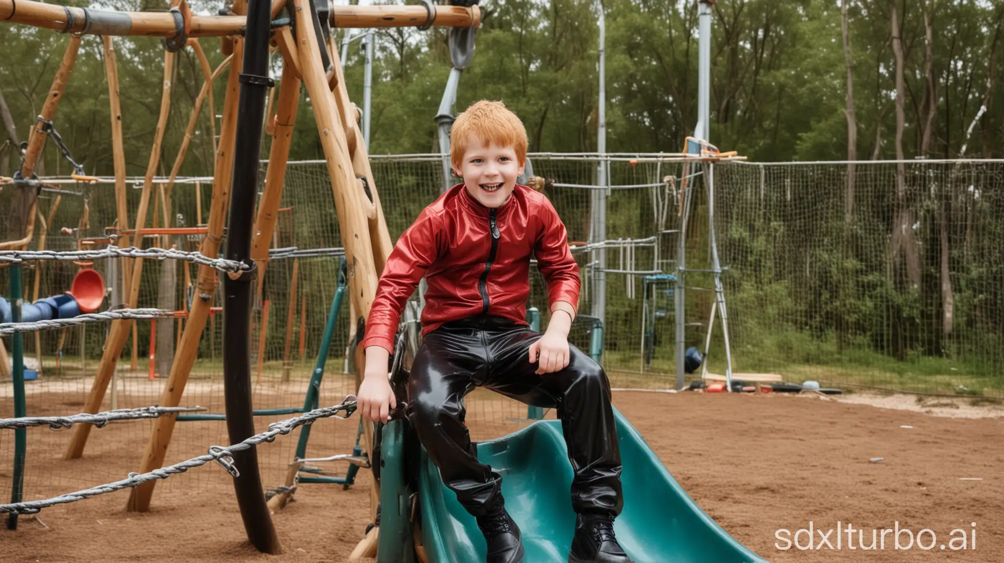 two blond and red haired 9yo boys dressed in tight rubber skinsuits, on a large outdoor adventure playground, climbing on a large play structure with many options and slides, having a happy time