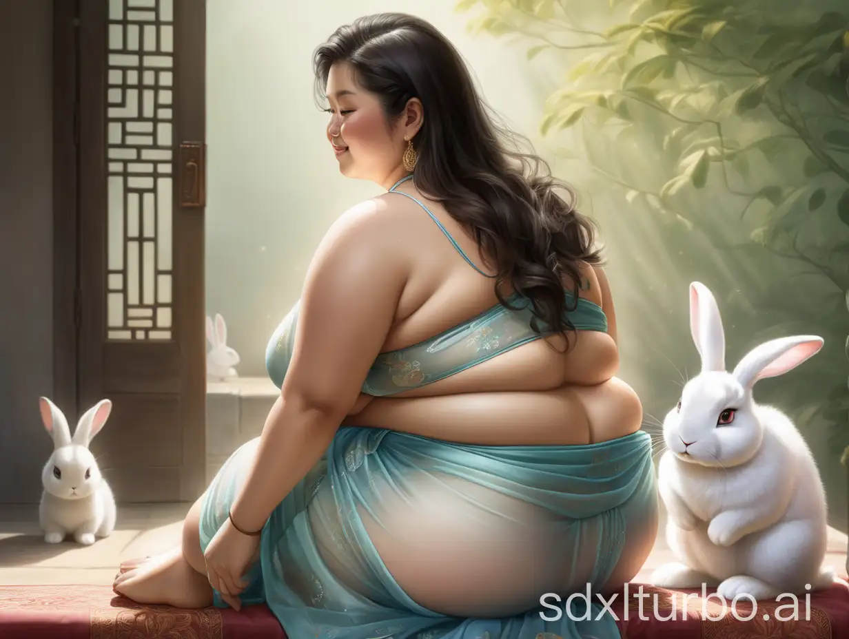 Curvy-Chinese-Woman-in-Translucent-Satin-Saree-with-White-Rabbit-in-Sunlight