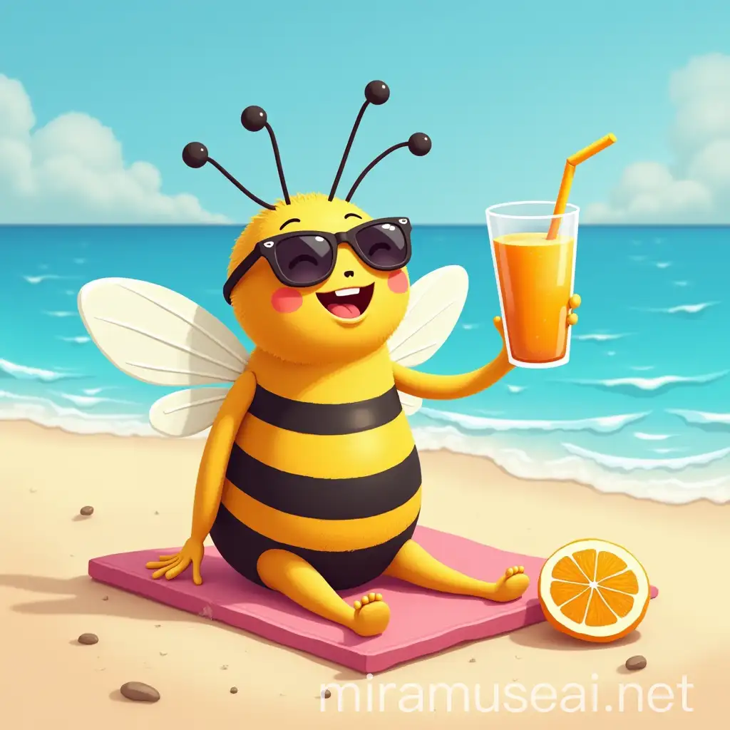 Bee Enjoying Vacation Sunbathing on Beach with Smoothie