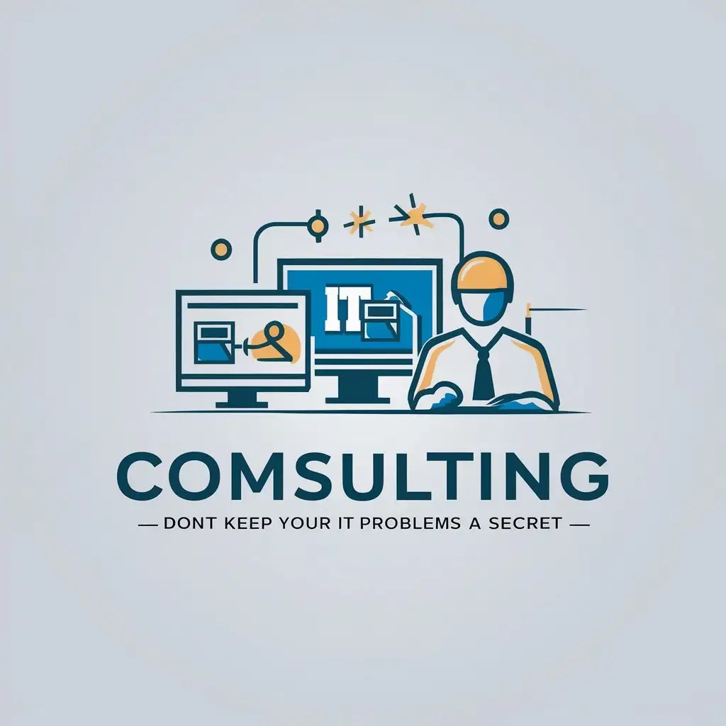 a vector logo design,with the text "Comsulting - Don't Keep Your IT Problems A Secret.", main symbol:computers, monitors and computer engineer,Moderate,be used in Technology industry,clear background