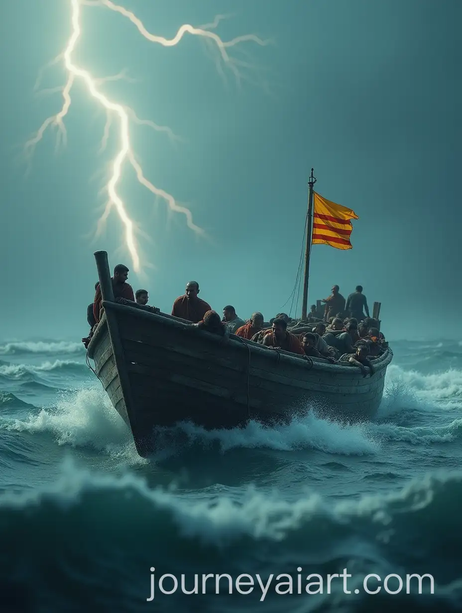 Damaged-Fishing-Boat-in-Stormy-Seas-with-Refugees-and-Lightning-Strikes