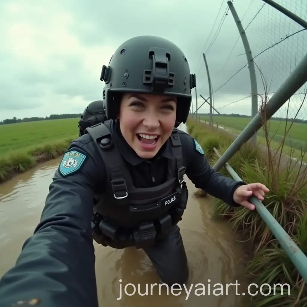 Female-Police-Officer-Falling-into-Muddy-Water-in-Tactical-Gear