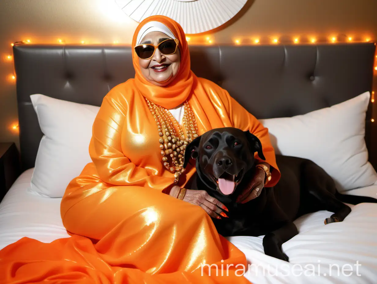 Elderly Muslim Woman with Big Black Dog in Neon Orange Hijab