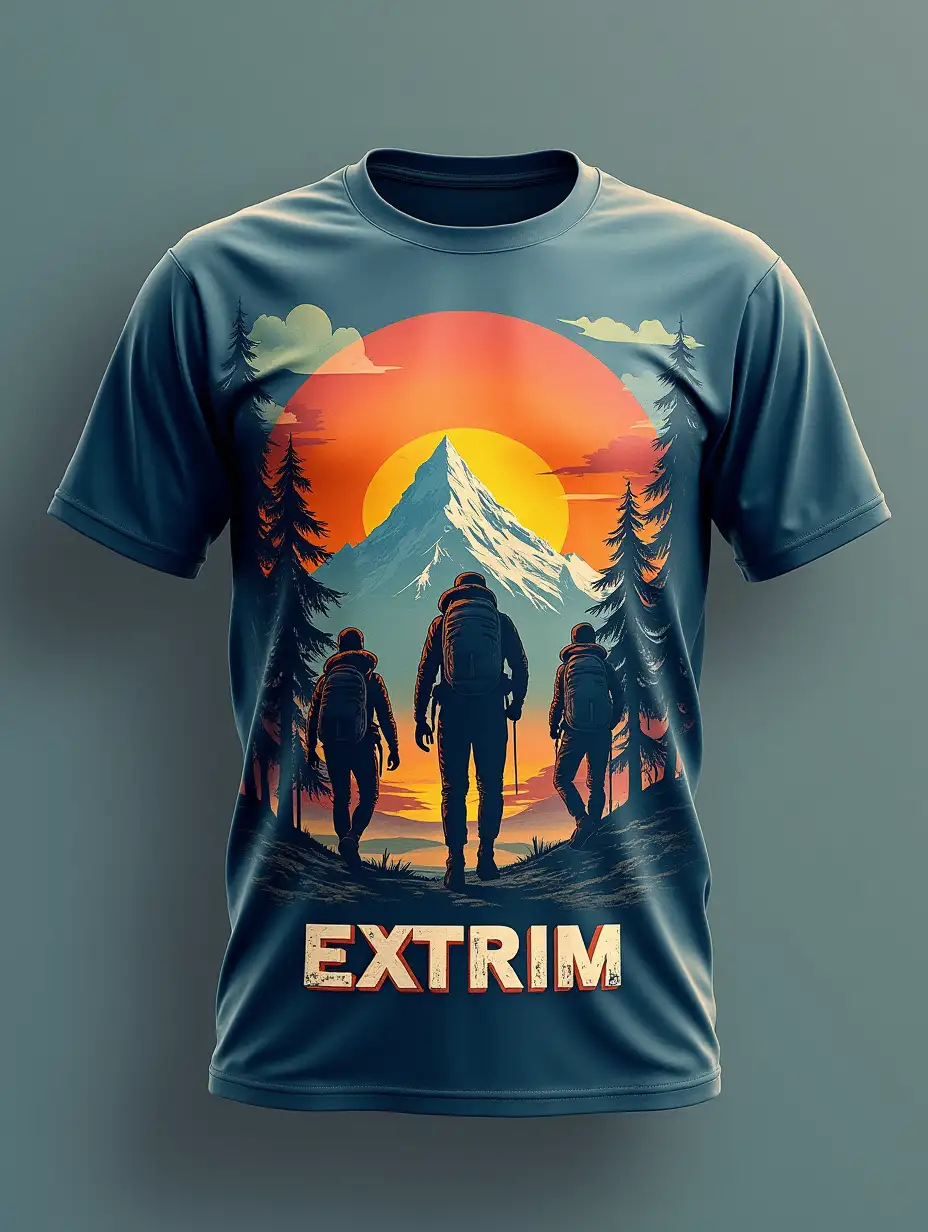 make a picture on a t-shirt, with a theme, outdoor adventure, with the words 'EXTRIM' 3D