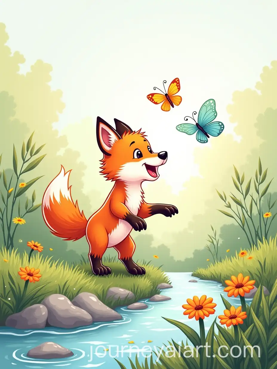 Baby-Fox-Chasing-Butterflies-in-Nature-with-Stream-Background