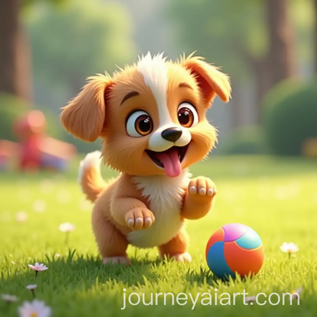 Playful-Puppy-Pouncing-on-Colorful-Ball-in-Sunny-Park