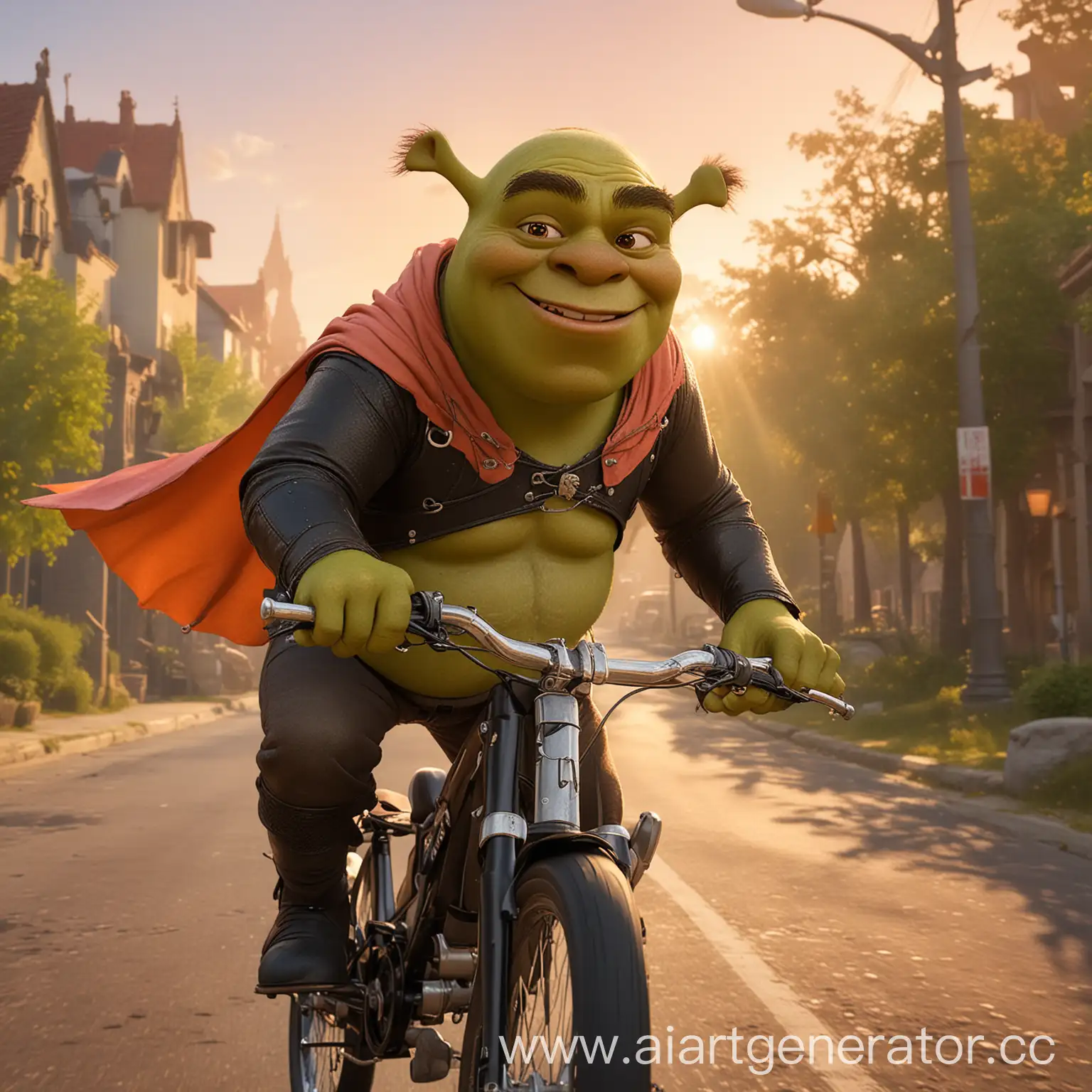 Shrek-Biking-at-Sunset-with-Green-Cape-and-Adventurous-Smile