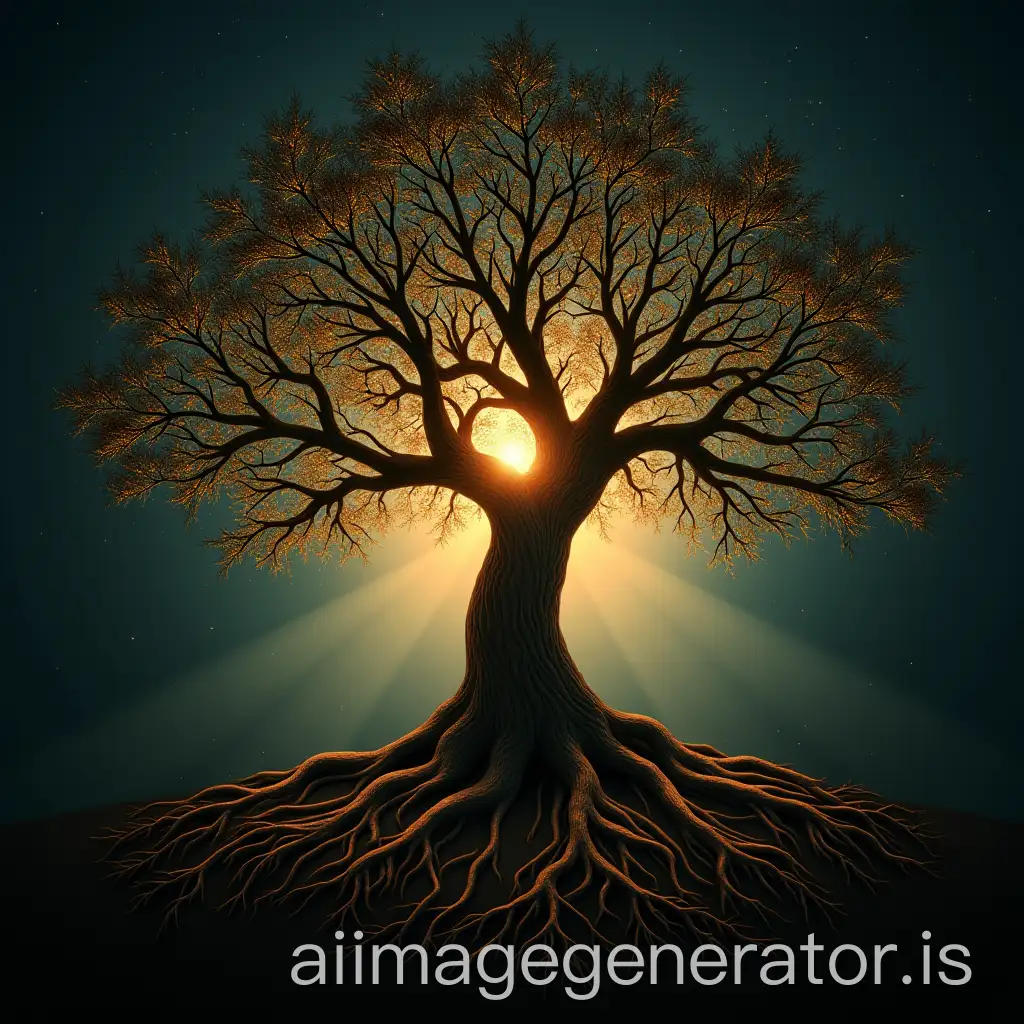 Tree-of-Life-with-Roots-Trunk-and-Branches-Illuminated-by-Light