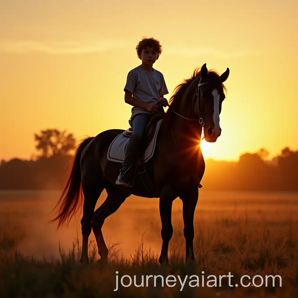 Redheaded-Boy-Riding-a-Black-Horse-in-a-Sunset-Field