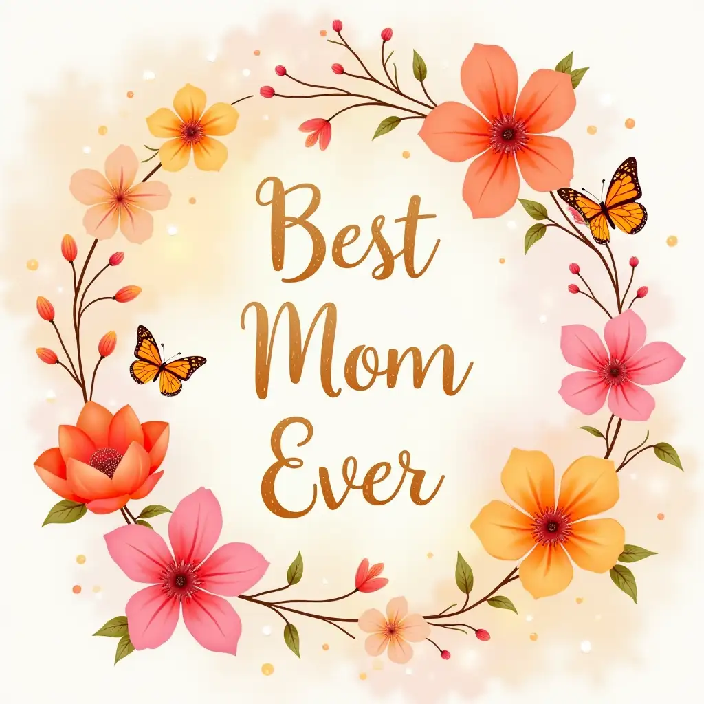 A beautiful floral composition with vibrant pink, orange, and yellow flowers in full bloom, surrounded by delicate butterflies. In the center, elegant golden calligraphy reads 'Best Mom Ever.' The background is soft and watercolor-like, with warm pastel tones and subtle sparkles for a dreamy effect.