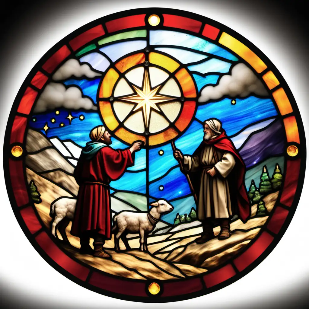 Shepherds on a Hill Gazing at the Bethlehem Star in Stained Glass