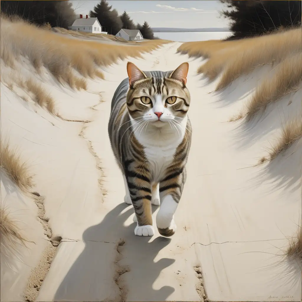 Tabby Cat Walking on Sandy Path Andrew Wyeth Style