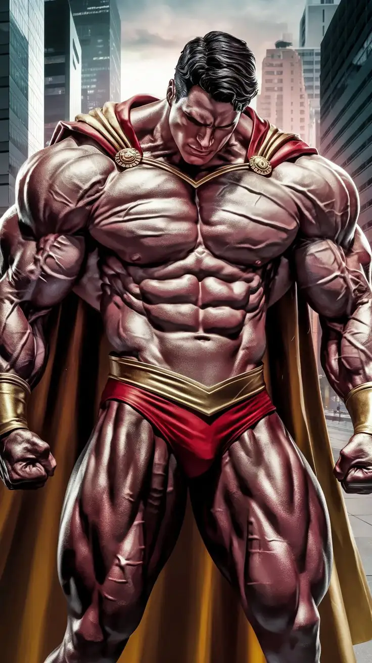 A powerfully muscled, hugely ripped, pumped musclegod superhero humbly contemplates his Olympian superpowers.