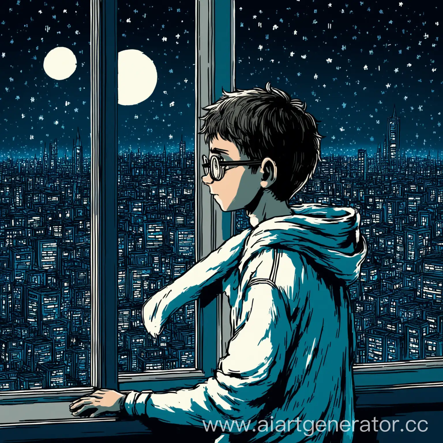 Boy-in-Soccer-Clothes-and-Glasses-Looking-Out-at-Night-Cityscape